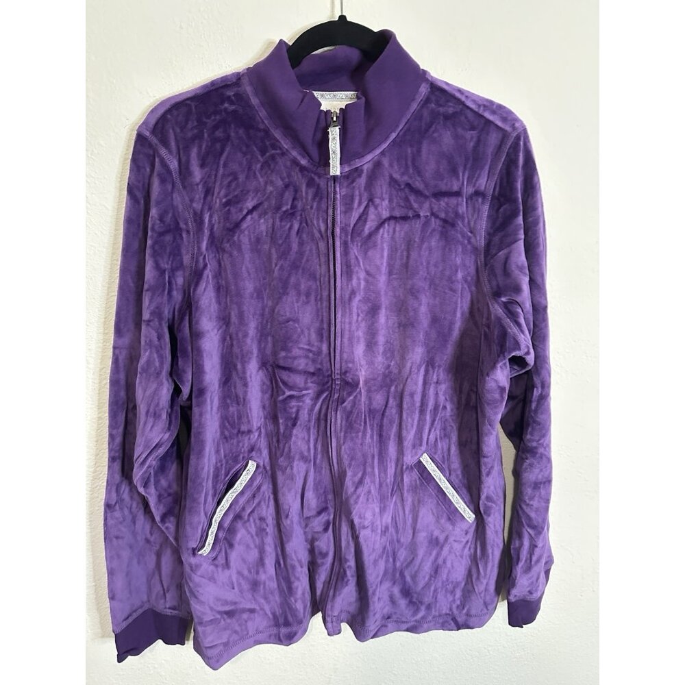 Sport Savvy Rich Purple Floral Ribbon Trim Velour Jacket Size XL